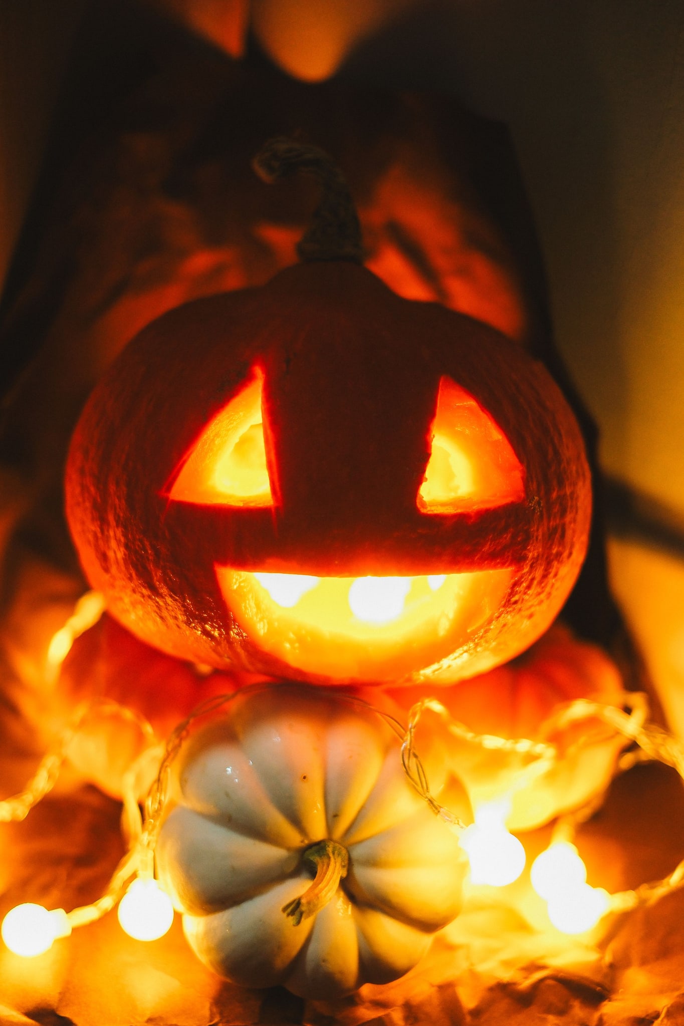 Illuminated carved pumpkin with lights