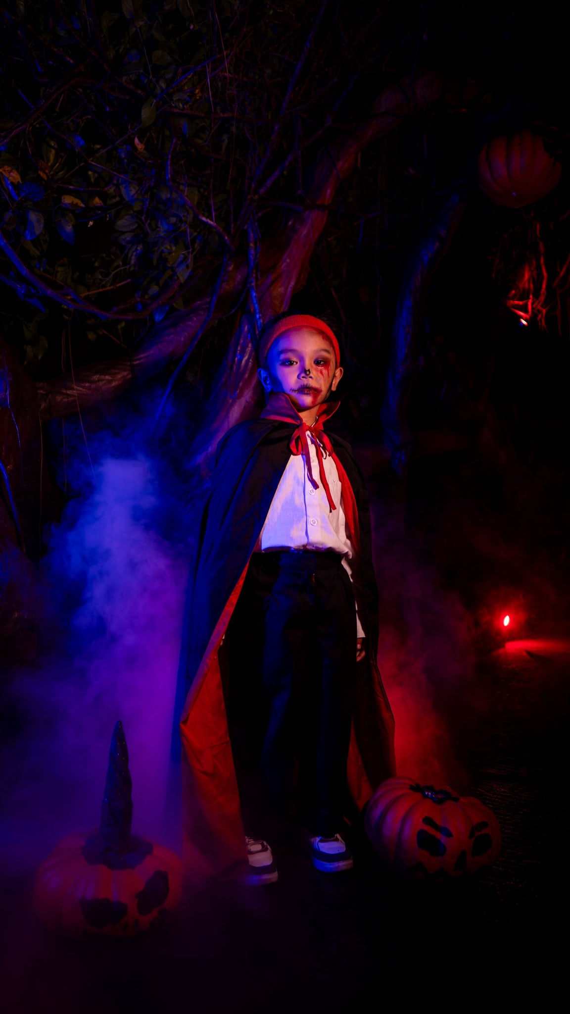 Child in vampire costume with pumpkins
