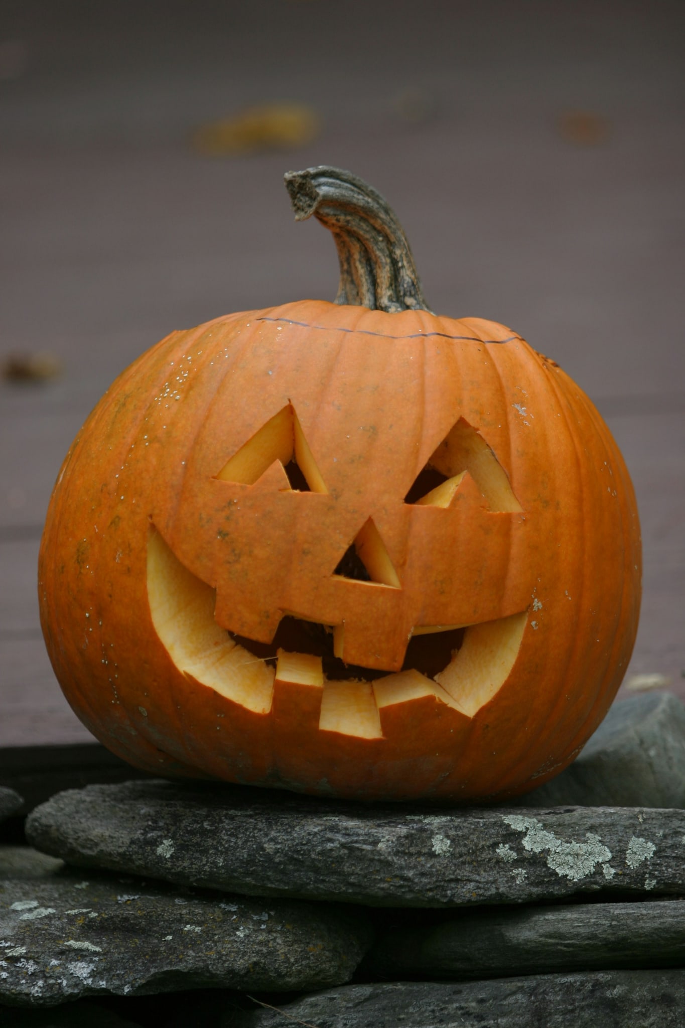 Carved pumpkin on a rock